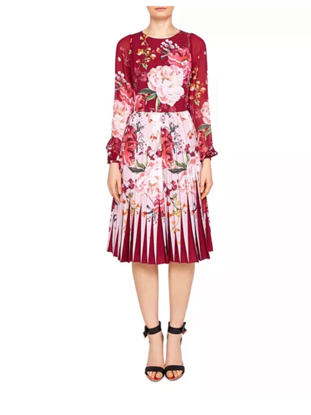 Ted Baker Serenity Long Sleeve Dress in Burgundy and Pink